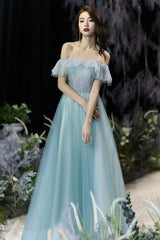 A-Line Tulle Long Prom Dress, Off The Shoulder Evening Dress