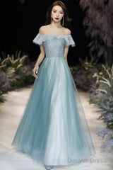 A-Line Tulle Long Prom Dress, Off The Shoulder Evening Dress