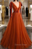 A Line Tulle Long Prom Dress, Orange V Neck Long Simple Prom Dresses