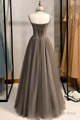 A-Line Tulle Long Prom Dress with Beading, Cute Evening Party Dress