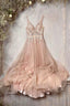A Line Tulle Long Prom Dress with Lace, V Neck Floor Length Prom Dresses