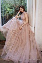 A-Line Tulle Long Prom Dress With Sequins, Cute Evening Party Dress