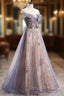 A Line Tulle Long Prom Dress with Sequins, Cute Scoop Neckline Prom Dresses