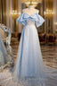A-Line Tulle Sequin Blue Long Prom Dresses, Blue Long Formal Dresses