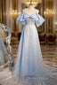 A Line Tulle Sequin Blue Long Prom Dress, Blue Long Prom Dresses