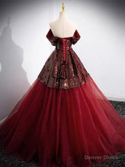 A-Line Tulle Sequin Burgundy Long Prom Dress, Off Shoulder Burgundy Formal Dress