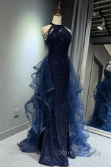 A-Line Tulle Sequin Dark Blue Long Prom Dresses, Dark Blue Long Formal Dresses
