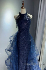 A-Line Tulle Sequin Dark Blue Long Prom Dresses, Dark Blue Long Formal Dresses