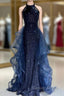 A-Line Tulle Sequin Dark Blue Long Prom Dresses, Dark Blue Long Formal Dresses