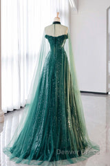 A-Line Tulle Sequin Green Long Prom Dresses, Green Formal Evening Dresses