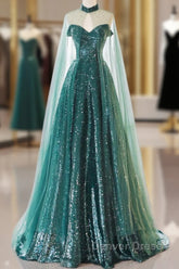 A-Line Tulle Sequin Green Long Prom Dresses, Green Formal Evening Dresses