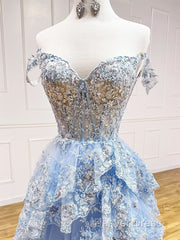 A-Line Tulle Sequin Lace Blue Long Prom Dresses, Blue Long Formal Dresses