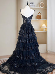 A-Line Tulle Sequin Navy Blue Long Prom Dress, Navy Blue Sequin Long Formal Dress