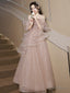 A Line Tulle Sequin Pink Long Prom Dress, Shiny Sequin Pink Long Prom Dresses