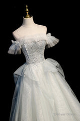 A-Line Tulle Sequins Long Prom Dress, Off the Shoulder Evening Dress