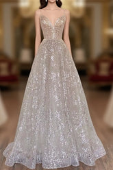 A-Line Tulle Sequins Long Prom Dresses, Spaghetti Strap Backless Evening Dresses