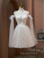 A Line Tulle Short Champagne Prom Dress, Off Shoulder Lace Puffy Homecoming Dresses