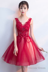 A-Line Tulle Short Prom Dress, V-Neck Lace Mini Party Dress
