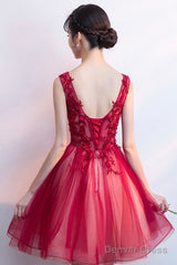 A-Line Tulle Short Prom Dress, V-Neck Lace Mini Party Dress