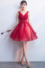 A-Line Tulle Short Prom Dress, V-Neck Lace Mini Party Dress