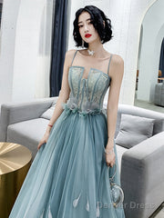A-Line Tulle Straps Long Blue Floor Length Party Dress, Blue Evening Dress Prom Dress