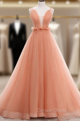 A-line Tulle Straps Low Back Long Wedding Party Dresses, Pink Tulle Long Prom Dresses
