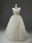 A-Line Tulle Sweep Train Champagne Long Prom Dresses With Applique