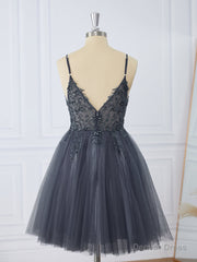 A-line Tulle V-neck Beading Short/Mini Dress