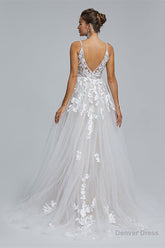 A-Line Tulle V-Neck Lace Beaded Flower Wedding Dresses