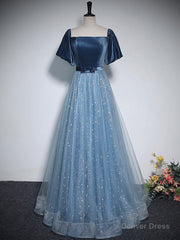 A-Line Tulle Velvet Blue Long Prom Dress, Blue Tulle Formal Dress