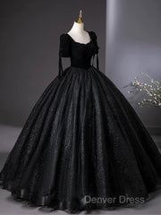 A-Line Tulle Velvet Sequin Black Long Prom Dresses, Black Long Evening Dresses