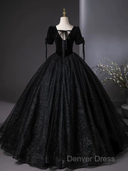 A-Line Tulle Velvet Sequin Black Long Prom Dresses, Black Long Evening Dresses