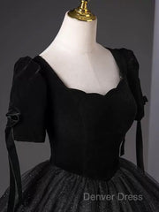 A-Line Tulle Velvet Sequin Black Long Prom Dresses, Black Long Evening Dresses