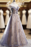 A-line Tulle with Lace Applique Party Dresses, Tulle Long Prom Dresses