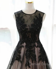 A-Line Tulle With Lace Round Neckline Floor Length Party Dresses Black Prom Dresses Formal Dresses