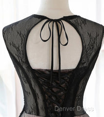 A-Line Tulle With Lace Round Neckline Floor Length Party Dresses Black Prom Dresses Formal Dresses