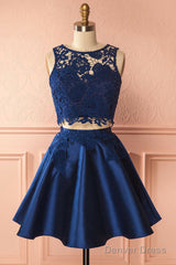 A-Line Two Piece Jewel Satin Homecoming Dresses With Lace