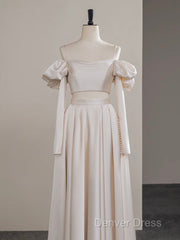 A-Line Two Pieces Satin Champagne Long Prom Dresses, Champagne Formal Dresses