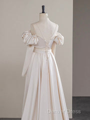 A-Line Two Pieces Satin Champagne Long Prom Dresses, Champagne Formal Dresses