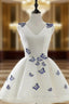 A Line V Neck Above Knee Ivory Satin Organza Homecoming Dresses with butterfly Appliques