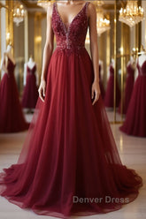 A Line V Neck and V Back Long Beading Lace Burgundy Prom Dresses, Lace Burgundy Formal Graduation Evening Dresses
