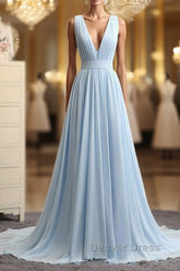 A Line V Neck and V Back Sky Blue Chiffon Long Prom Dresses, V Neck Blue Formal Dresses, Blue Evening Dresses