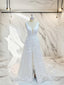 A Line V Neck Applique Sweep Train Stretch Crepe Wedding Dresses
