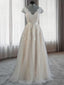 A Line V Neck Appliques Lace Floor Length Lace Wedding Dresses
