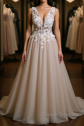 A Line V Neck Appliques Lace Prom Dresses, Lace Formal Graduation Evening Dresses