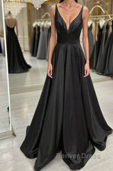 A Line V Neck Backless Black Long Prom Dresses, V Neck Black Formal Dresses, Backless Black Evening Dresses