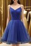 A Line V Neck Backless Blue Tulle Prom Dress, Backless Blue Homecoming Dress, Short Blue Prom Dresses
