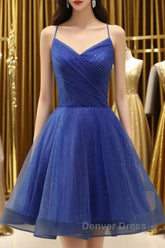 A Line V Neck Backless Blue Tulle Prom Dresses, Backless Blue Homecoming Dresses, Short Blue Formal Evening Dresses