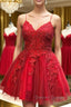 A Line V Neck Backless Lace Red Short Prom Dress Homecoming Dress, Backless Red Lace Prom Graduation Prom Dresses