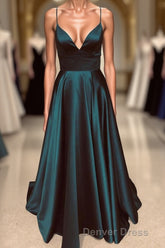 A Line V Neck Backless Long Prom Dresses Simple Dark Green Formal Evening Gowns
